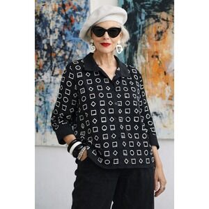 Vintage Blouse Womens Small Geometric Cutout Button Down New Wave Retro Black‎